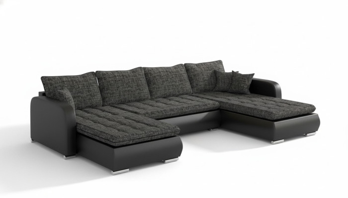 Canapé d'angle design en U avec fonction lit, en cuir et tissu. Nouveau canapé pour un nouvel aménagement de salon.