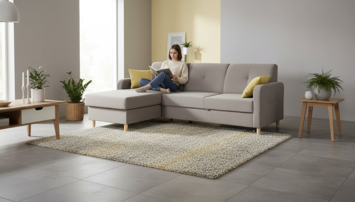 Canapé d'angle en forme de L Canapé Design Moderne en Tissu Gris avec Fonction Lit