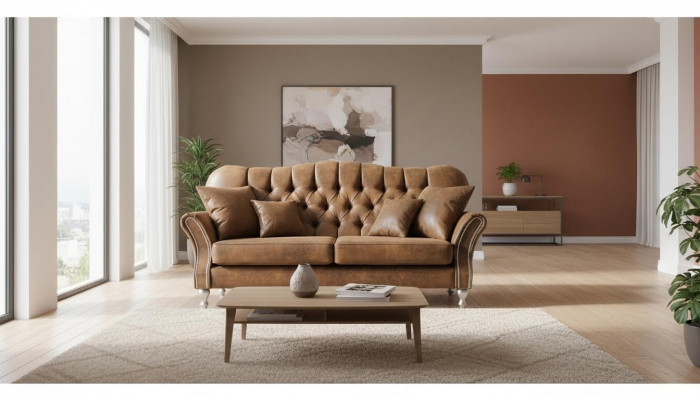 Ensemble canapé Chesterfield vintage en cuir rembourré 3 + 1 place