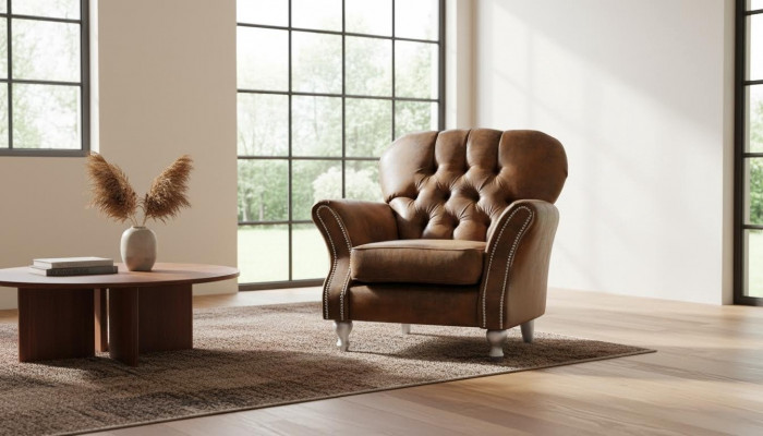 Fauteuil design 1 place en textile marron de luxe Club Lounge Sofa TV Chesterfield
