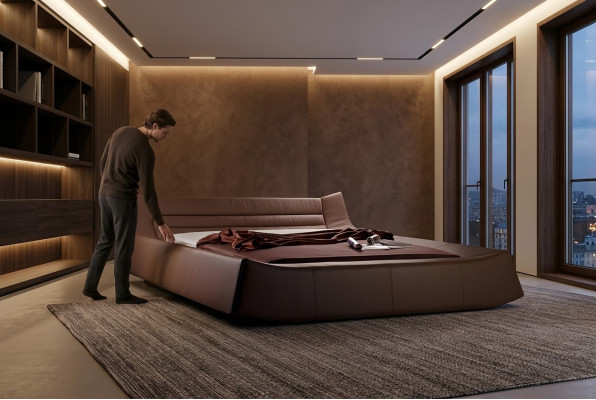 Revêtement de lit Design Luxe Lits Doubles d'hôtel Chambre de Repos en Cuir Tissu Moderne