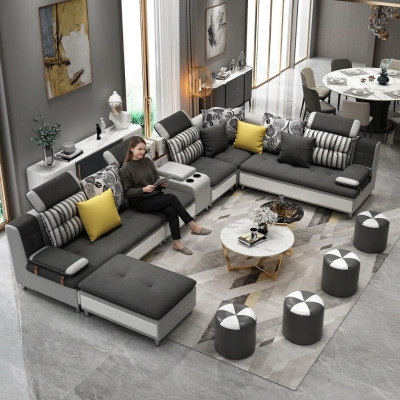 Canapé d'angle en forme de U Salon Paysage Canapé Canapé Suite Rembourrage Tissu Canapés Cuir neuf