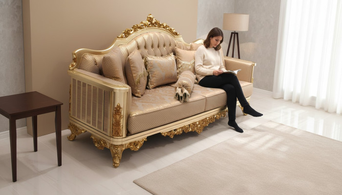 Ensemble de canapé 3 places en textile avec fauteuil assorti en bois de style Chesterfield