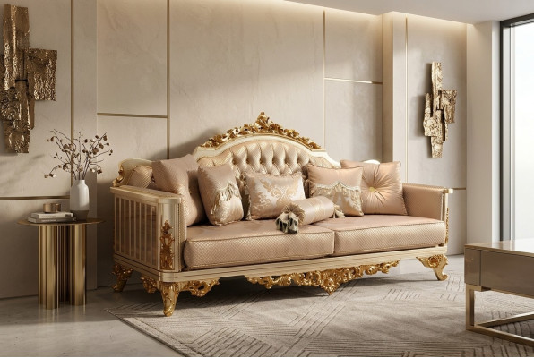 Ensemble de canapé 3 places en textile avec fauteuil assorti en bois de style Chesterfield