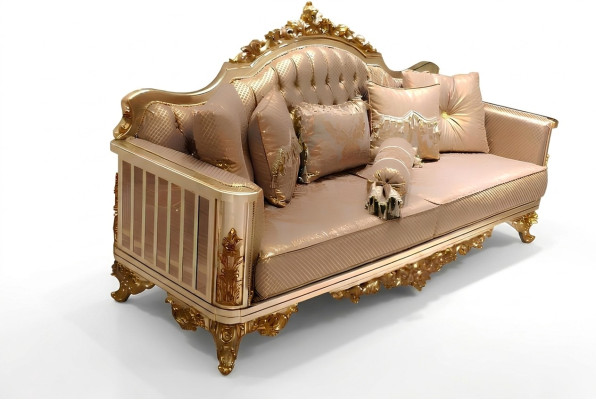 Ensemble de canapé 3 places en textile avec fauteuil assorti en bois de style Chesterfield