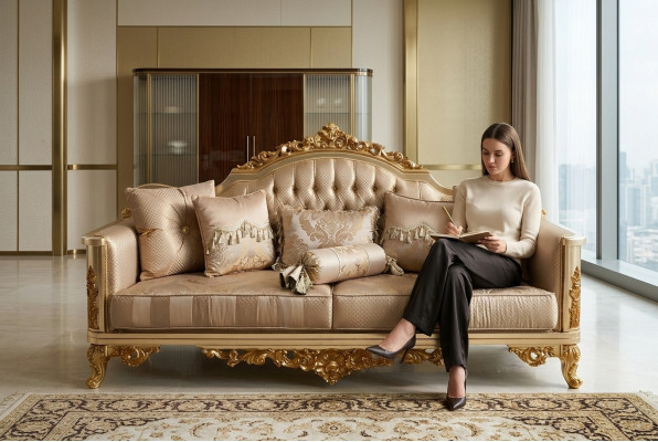 Ensemble de canapé Chesterfield 3+1+1 avec fauteuil complet en textile doré.