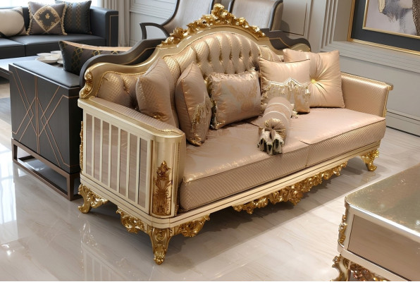 Ensemble de canapé Chesterfield 3+1+1 avec fauteuil complet en textile doré.