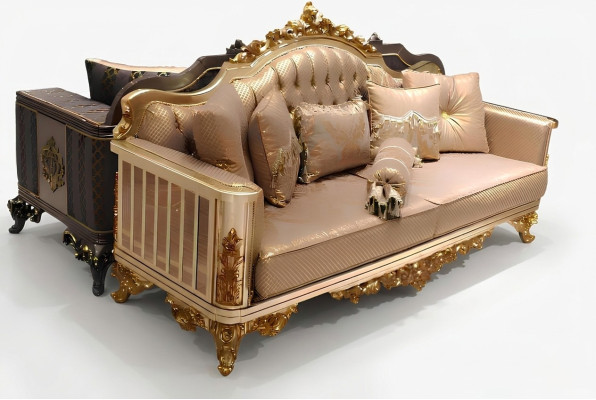 Ensemble de canapé Chesterfield 3+1+1 avec fauteuil complet en textile doré.