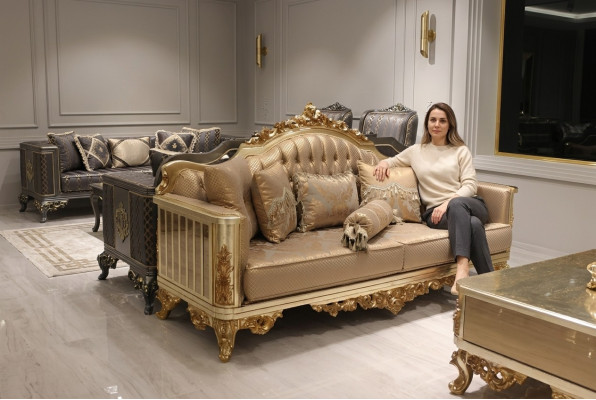 Canapé de luxe 3 places Canapé en textile Design doré Mobilier 3 places Chesterfield Neuf Rembourrage