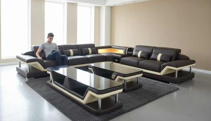 Design moderne Canapé d'angle Canapé rembourré Canapé Coffret TV Table basse en cuir