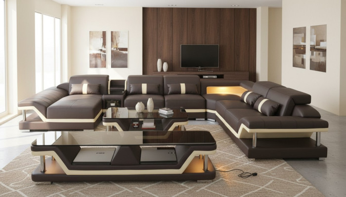 Design moderne Canapé d'angle Canapé rembourré Canapé Coffret TV Table basse en cuir