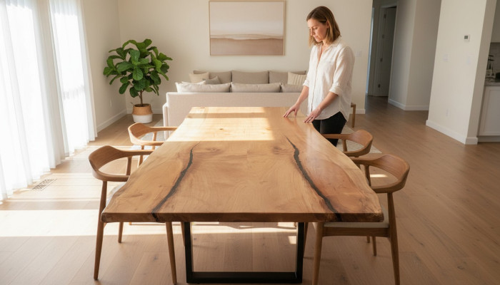 Table à manger Résine époxy Bois massif Meubles en bois massif Table en époxy cascade 240x100cm