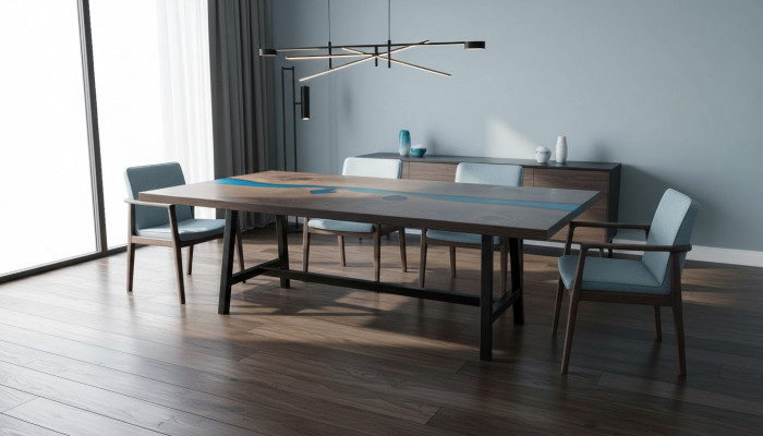Résine époxy Table à manger Table rivière Bois réel Tables massives 220x100