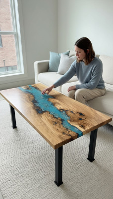 Table basse Table de rivière Table en bois véritable Décorative Résine époxy solide