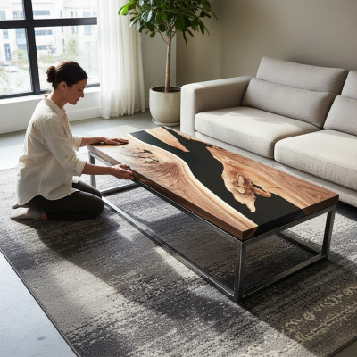 Table de rivière en résine époxy et bois véritable, tables d'eau noire, meubles en époxy massif