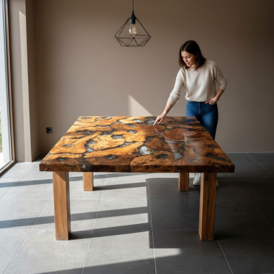 Table à manger en résine époxy et bois massif, table en bois massif 100x100 avec effet cascade en résine époxy.