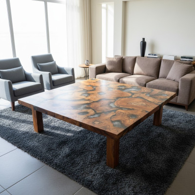 Table à manger en résine époxy et bois massif, table en bois massif 100x100 avec effet cascade en résine époxy.