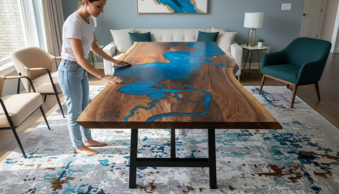 Table en cascade en résine époxy Table à manger en bois massif Meubles solides Table en époxy nouvel
