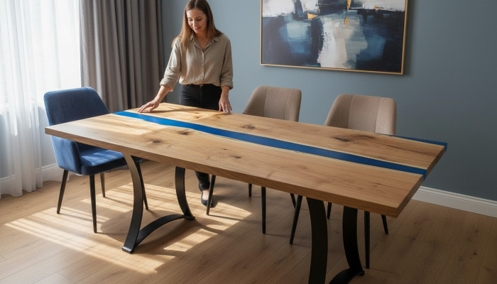 Table à manger en résine époxy, meuble en bois massif, table en époxy en cascade moulée en résine solide.