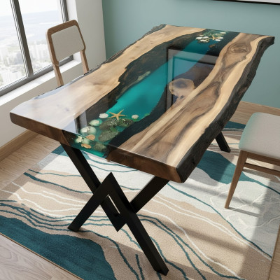 Table Table à manger Tables résine époxy design solide Mobilier 200x100 bois véritable époxy