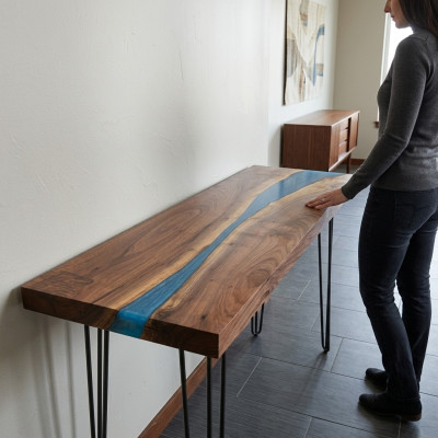 Table console Buffet en bois massif Table de designer Résine époxy Rivière en cascade