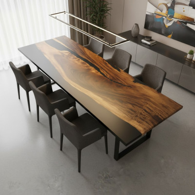 Table à manger en résine époxy, meuble en bois massif, table époxy en cascade 260x91cm