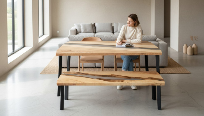 2 tabourets de table en résine époxy. Ensemble de tables en bois véritable avec rivière en cascade.