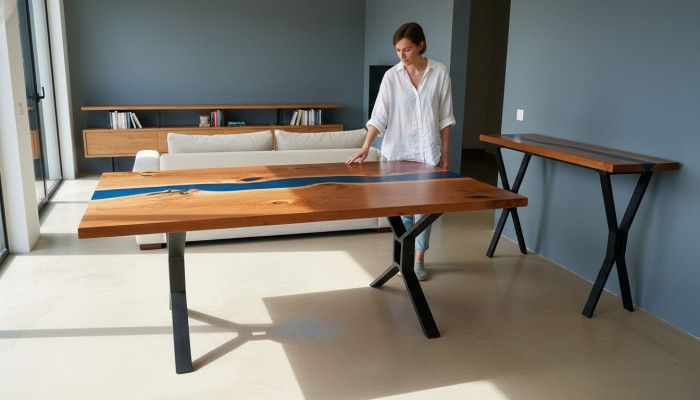 Table sur mesure Résine époxy Rivière en bois véritable Prix 1m²Tables en résine