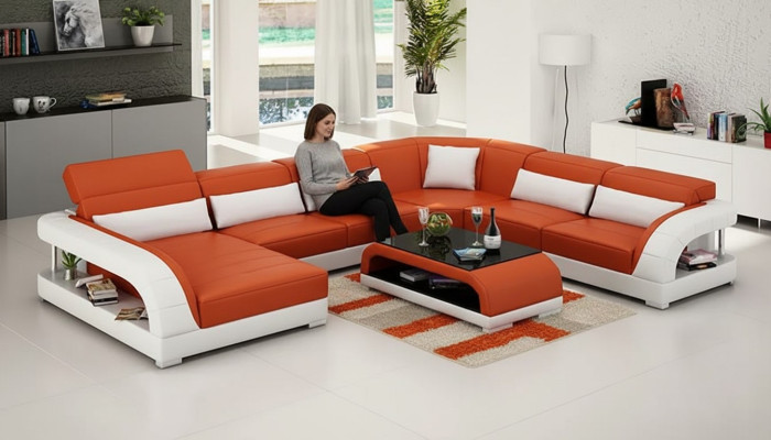 Canapé d'angle en forme de U Canapé moderne Canapé en cuir Canapés Tapisserie Canapés design Table 2 pièces