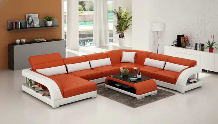 Canapé d'angle en forme de U Canapé moderne Canapé en cuir Canapés Tapisserie Canapés design Table 2 pièces