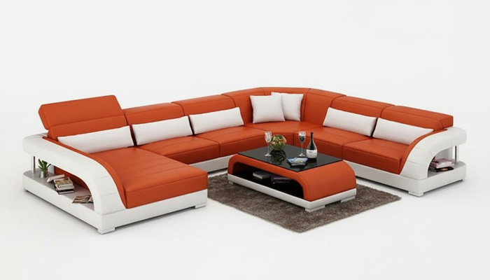 Canapé d'angle en forme de U Canapé moderne Canapé en cuir Canapés Tapisserie Canapés design Table 2 pièces