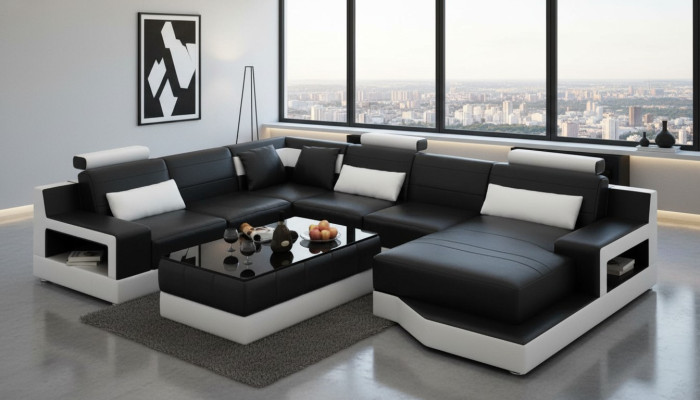 Canapé en cuir Canapé d'angle en U Paysage vivant Canapé design Canapés modernes Table basse