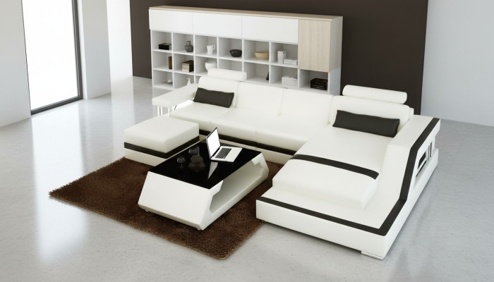 Canapé en cuir Canapé d'angle en forme de L Table basse Tabouret Paysage vivant Canapé moderne 3 pièces nouveau