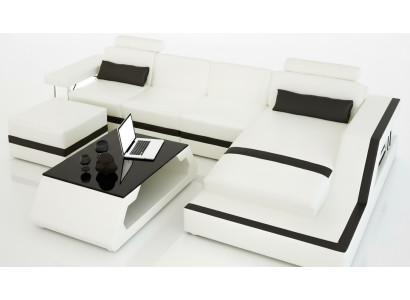 Canapé en cuir Canapé d'angle en forme de L Table basse Tabouret Paysage vivant Canapé moderne 3 pièces nouveau