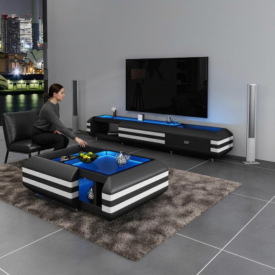 Buffet de table basse 2 pièces avec éclairage LED, table de salon en verre basse