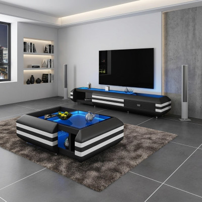 Buffet de table basse 2 pièces avec éclairage LED, table de salon en verre basse