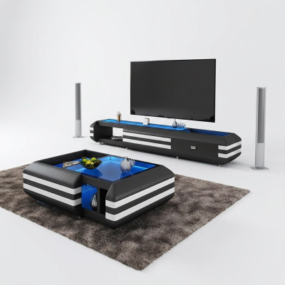 Buffet de table basse 2 pièces avec éclairage LED, table de salon en verre basse