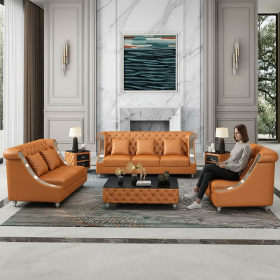 Ensemble de canapés en cuir 3+2 places pour salon au design Chesterfield.