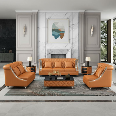 Ensemble de canapés en cuir 3+2 places pour salon au design Chesterfield.