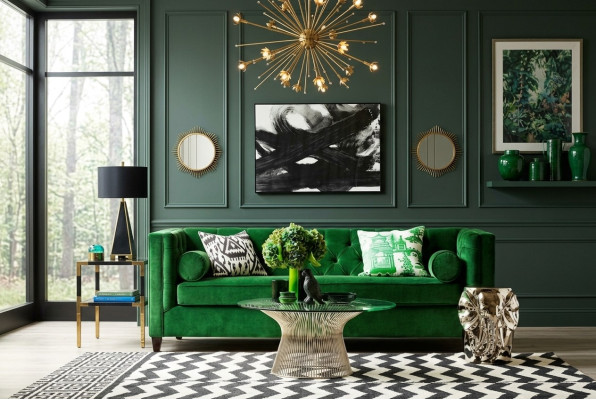 Canapé Chesterfield trois places en tissu pour salon, canapé design en tissu vert.