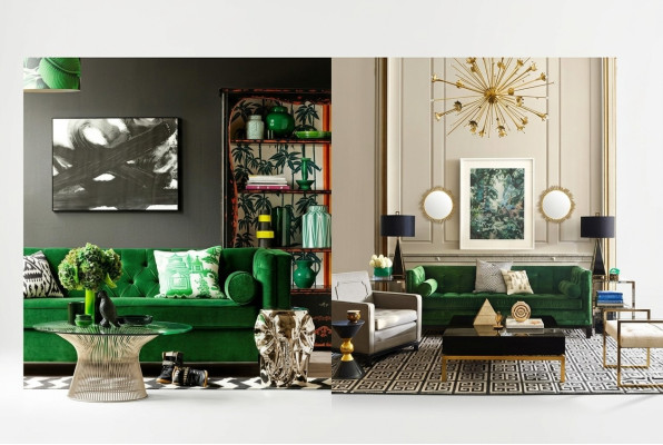 Canapé Chesterfield trois places en tissu pour salon, canapé design en tissu vert.