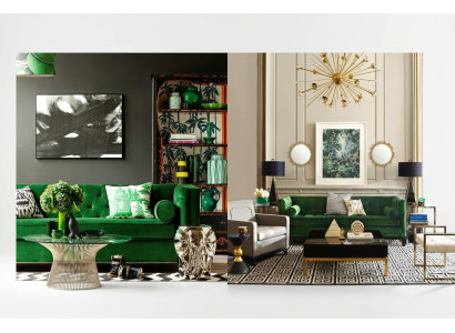Canapé Chesterfield trois places en tissu pour salon, canapé design en tissu vert.
