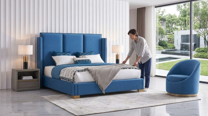 Lit double lit en bleu royal Chambre à coucher Literie 180x200 Hôtel de luxe