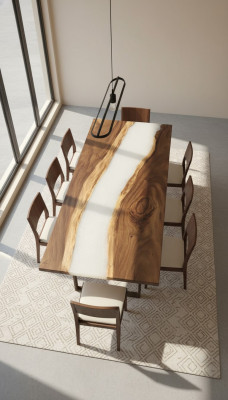 Table en époxy avec cascade de résine coulée, table à manger en résine époxy, bois massif en résine époxy.