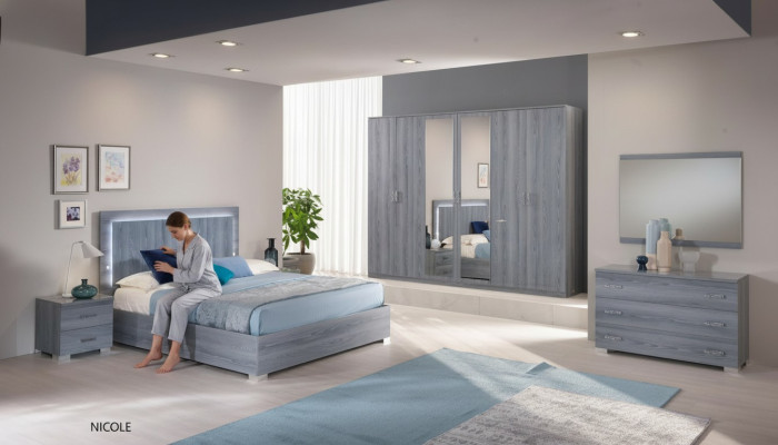 Ensemble de chambre à coucher Meuble Lit 2x Table de chevet Commode Miroir Armoire 6 pièces.