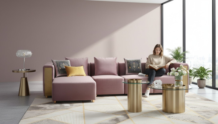 Sofa d'angle en L Table basse Rembourrage Coin Salon Meubles de luxe Canapé Canapé 3 pièces