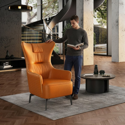 Fauteuil orange en cuir, fauteuil 76 x 80 cm, siège individuel, mobilier de design de luxe