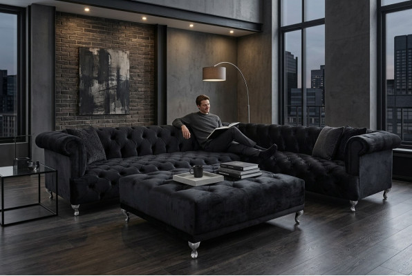 Canapé d'angle design Chesterfield Rembourrage Canapé d'angle + Tabouret Canapé d'angle