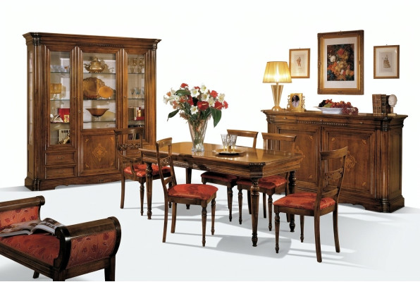 Ensemble de salle à manger au design moderne 7 pièces en bois, comprenant une commode, 4 chaises, une table et une vitrine.