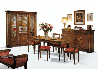 Ensemble de salle à manger au design moderne 7 pièces en bois, comprenant une commode, 4 chaises, une table et une vitrine.